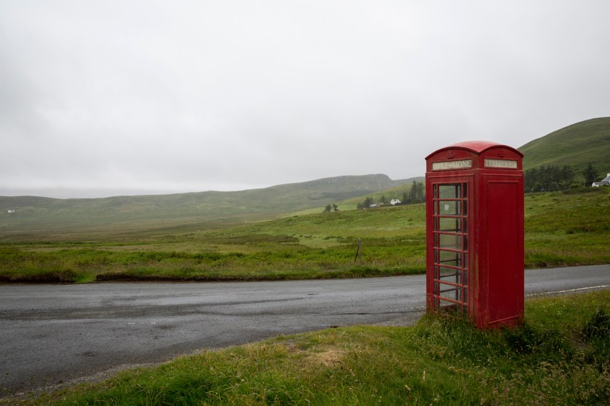 Lonely phone box on the road to Duntulm from Staffin.